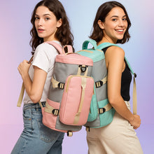 Load image into Gallery viewer, Two people wearing colorful backpacks against a light purple background