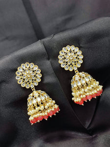 Crayton White and Peach Contemporary Jhumkas Gold Platted with Artificial Beads Earring