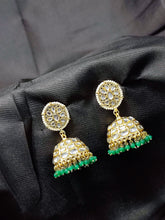 Load image into Gallery viewer, Crayton White and Green Contemporary Jhumkas Gold Platted with Artificial Beads Earring
