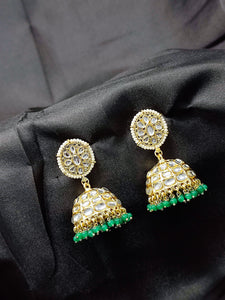 Crayton White and Green Contemporary Jhumkas Gold Platted with Artificial Beads Earring